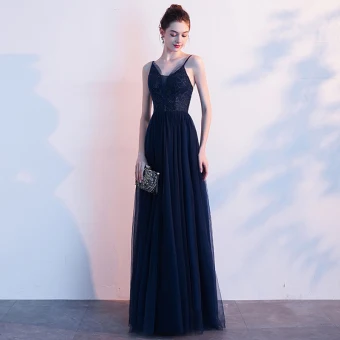 Élégant Bleu Marine Robe De Soirée 2020 Princesse Bretelles Spaghetti Faux Diamant Sans Manches Dos Nu Longue Robe De Ceremonie