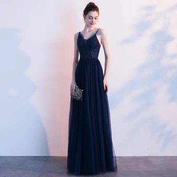 Elegante Donkerblauwe Avondjurken 2020 A Lijn Spaghettibandjes Rhinestone Mouwloos Ruglooze Lange Gelegenheid Jurken