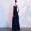 Élégant Bleu Marine Robe De Soirée 2020 Princesse Bretelles Spaghetti Faux Diamant Sans Manches Dos Nu Longue Robe De Ceremonie