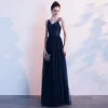 Elegante Marineblau Abendkleider 2020 A Linie Spaghettiträger Strass Ärmellos Rückenfreies Lange Festliche Kleider