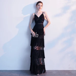 Sexy Noire Robe De Soirée 2020 Princesse Bretelles Spaghetti En Dentelle Sans Manches Dos Nu Longue Robe De Ceremonie