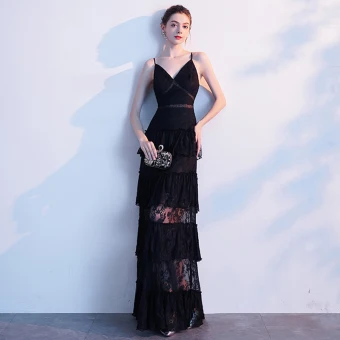 Sexy Noire Robe De Soirée 2020 Princesse Bretelles Spaghetti En Dentelle Sans Manches Dos Nu Longue Robe De Ceremonie