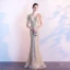 Luxe Doré Robe De Soirée 2020 Trompette / Sirène V-Cou Fait main Perlage Cristal Paillettes Manches Courtes Dos Nu Train De Balayage Robe De Ceremonie