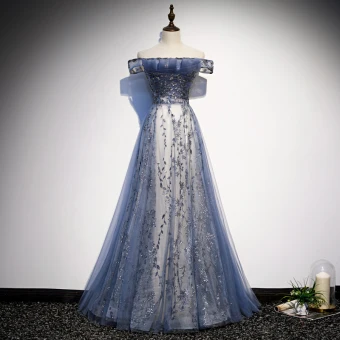 Modern Fashion Ocean Blue Evening Dresses 2020 A Line Princess Off The Shoulder Sequins Short Sleeve Backless Floor Length Long Formal Dresses
