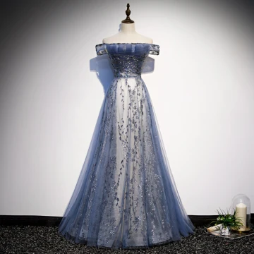 Modern Fashion Ocean Blue Evening Dresses 2020 A Line Princess Off The Shoulder Sequins Short Sleeve Backless Floor Length Long Formal Dresses