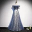 Modern / Fashion Ocean Blue Evening Dresses  2020 A-Line / Princess Off-The-Shoulder Sequins Short Sleeve Backless Floor-Length / Long Formal Dresses