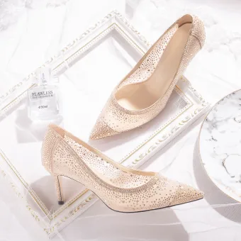 Charming Champagne Wedding Shoes 2019 Tulle Rhinestone 7 Cm Stiletto Heels Pointed Toe Wedding Pumps