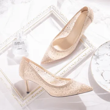 Charmig Champagne Brudskor 2019 Tyll Rhinestone 7 Cm Stilettklackar Spetsiga Bröllop Pumps