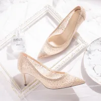 Uroczy Szampan Buty Ślubne 2019 Tiulowe Rhinestone 7 cm Szpilki Szpiczaste Ślub Czółenka