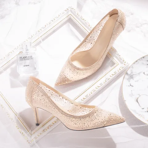 Charmant Champagner Brautschuhe 2019 Tülle Strass 7 cm Stilettos Spitzschuh Hochzeit Pumps