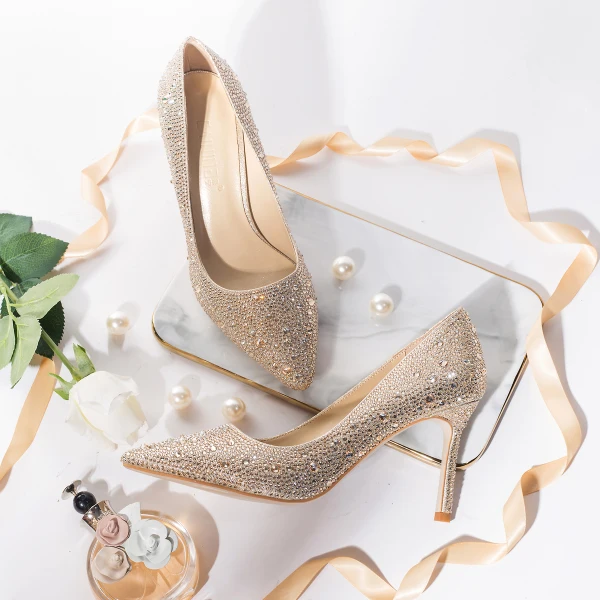 Uroczy Złote Buty Ślubne 2019 Skórzany Rhinestone 8 cm Szpilki Szpiczaste Ślub Czółenka