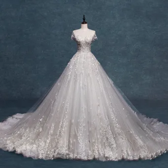 Charming Ivory Wedding Dresses 2019 A Line Princess Scoop Neck Beading Crystal Sequins Lace Flower Short Sleeve Backless Cathedral Train
