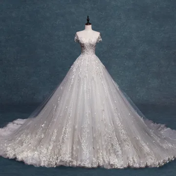 Charming Ivory Wedding Dresses 2019 A Line Princess Scoop Neck Beading Crystal Sequins Lace Flower Short Sleeve Backless Cathedral Train