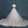 Charming Ivory Wedding Dresses 2019 A-Line / Princess Scoop Neck Beading Crystal Sequins Lace Flower Short Sleeve Backless Cathedral Train