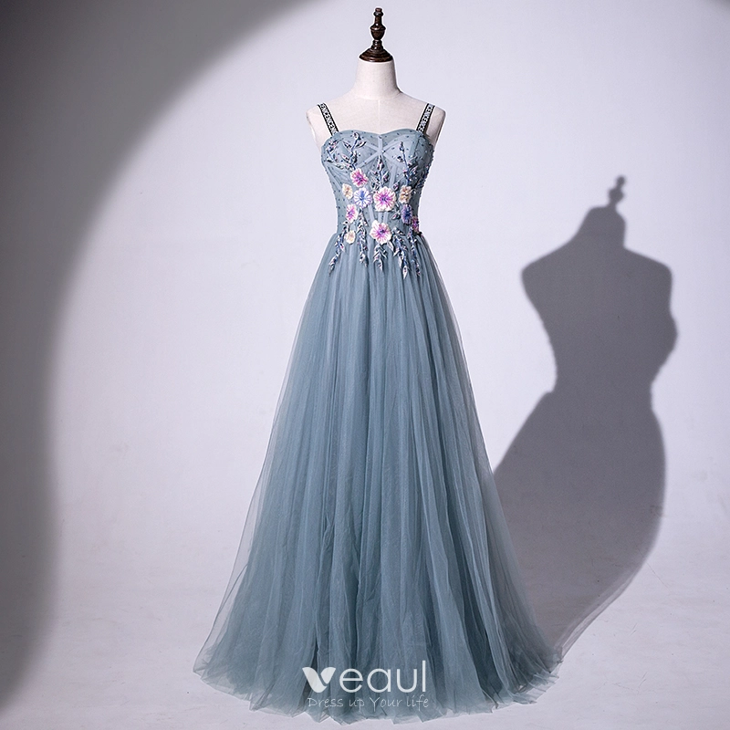 Crystal Tulle Green Spaghetti Straps Prom Dress