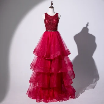 Charming Burgundy Evening Dresses 2019 A Line Princess Scoop Neck Sequins Sash Cascading Ruffles Floor Length Long Formal Dresses