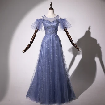 Moderne Mode Océan Bleu Robe De Soirée 2019 Princesse Encolure Dégagée Étoile Paillettes Manches Courtes Dos Nu Longue Robe De Ceremonie