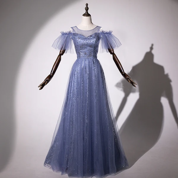 Modern / Fashion Ocean Blue Evening Dresses 2019 A-Line / Princess Scoop Neck Star Sequins Short Sleeve Backless Floor-Length / Long Formal Dresses