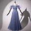 Modern / Fashion Ocean Blue Evening Dresses  2019 A-Line / Princess Scoop Neck Star Sequins Short Sleeve Backless Floor-Length / Long Formal Dresses