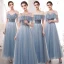 Modern / Fashion Sky Blue Star Sequins Bridesmaid Dresses 2021 A-Line / Princess Off-The-Shoulder Short Sleeve Backless Floor-Length / Long Wedding Party Dresses