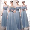 Modern / Fashion Sky Blue Star Sequins Bridesmaid Dresses 2021 A-Line / Princess Off-The-Shoulder Short Sleeve Backless Floor-Length / Long Wedding Party Dresses
