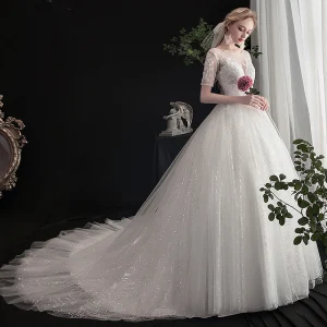 Elegant Ivory Wedding Dresses 2019 A Line Princess Scoop Neck Beading Sequins Lace Flower Short Sleeve Backless Cathedral Train