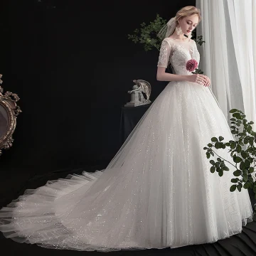 Élégant Ivoire Robe De Mariée 2019 Princesse Encolure Dégagée Perlage Paillettes En Dentelle Fleur Manches Courtes Dos Nu Cathedral Train