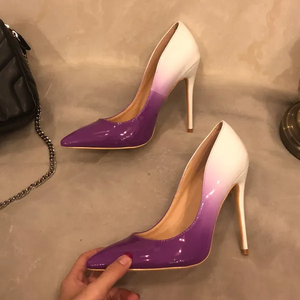 Modern / Fashion Ivory Purple Evening Party Pumps 2019 Patent Leather 12 cm Stiletto Heels Pointed Toe Pumps