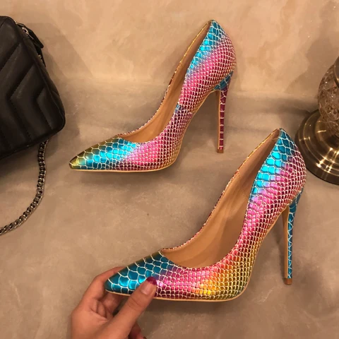 Unieke Multi-Kleuren Avond Pumps 2019 Slangenprint 12 cm Naaldhakken / Stiletto Spitse Neus Pumps