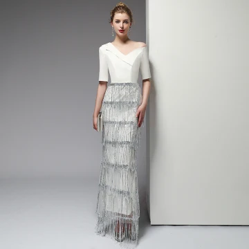 Sexy Ivory Evening Dresses 2020 Trumpet Mermaid One Shoulder Sequins Beading Tassel 1 2 Sleeves Backless Floor Length Long Formal Dresses