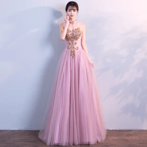 Chic Belle Rose Bonbon Robe De Bal 2018 Princesse Glitter Faux Diamant Encolure Dégagée Dos Nu Sans Manches Longue Robe De Ceremonie