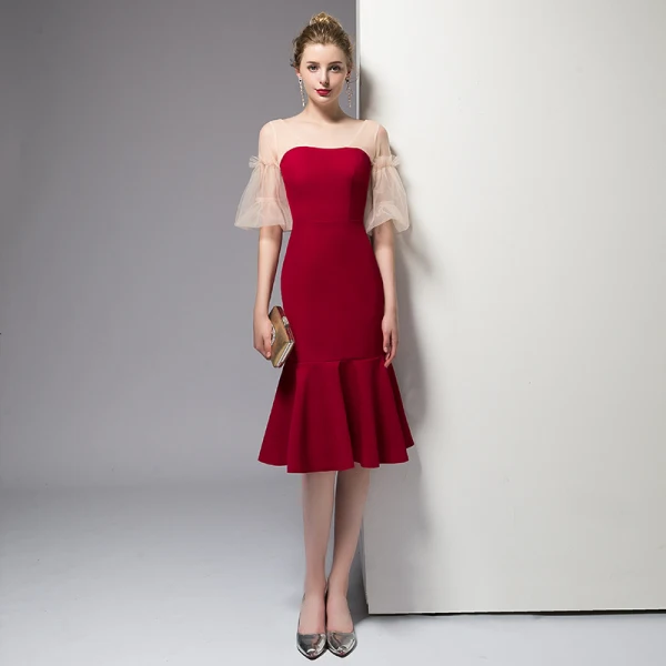 Chic / Beautiful Red Homecoming Graduation Dresses 2020 Trumpet / Mermaid Short Sleeve V-Neck Backless Knee-Length Formal Dresses