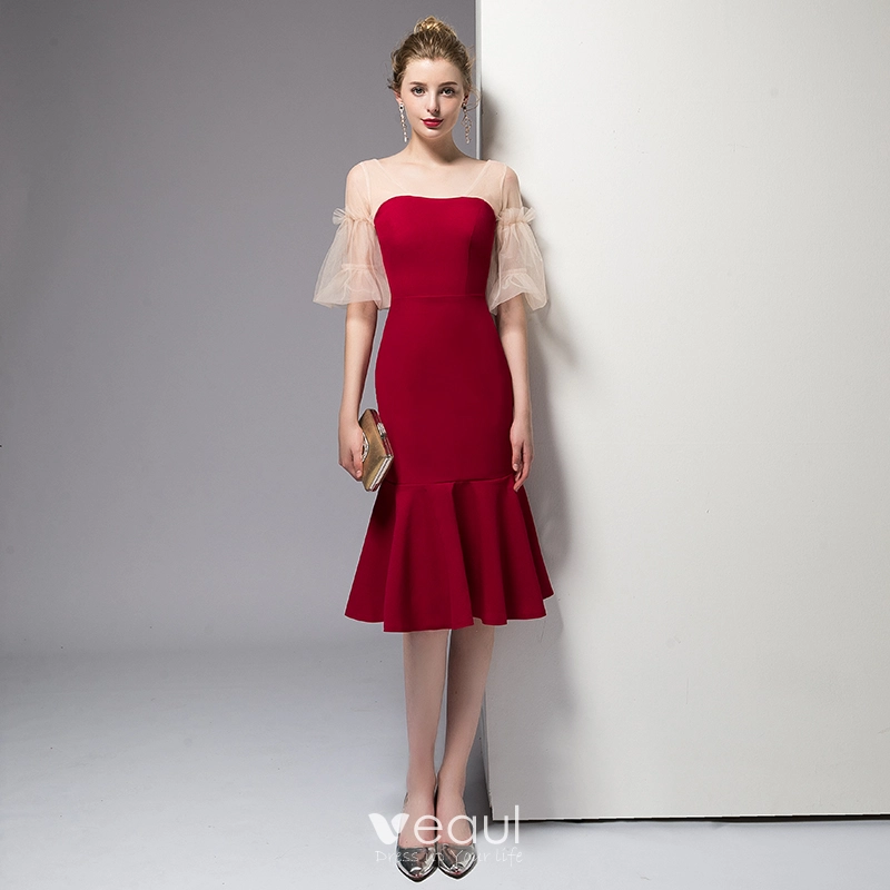 Chic / Beautiful Red Homecoming Graduation Dresses 2020 Trumpet / Mermaid Short Sleeve V-Neck Backless Knee-Length Formal Dresses Chic / Beautiful Red Homecoming Graduation Dresses 2020 Trumpet / Mermaid Short Sleeve V-Neck Backless Knee-Length Formal Dresses