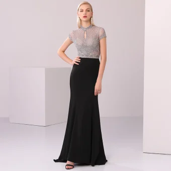 High End Zwarte Avondjurken 2020 Trompet Zeemeermin Ronde Hals Handgemaakt Kralen Kristal Rhinestone Korte Mouwen Lange Gelegenheid Jurken