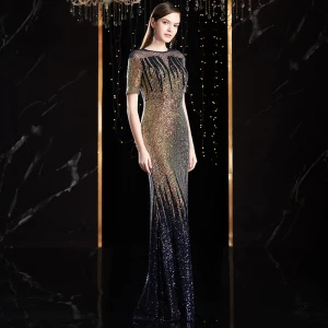 Charmant Multi Couleurs Robe De Soirée 2020 Trompette Sirène Encolure Dégagée Fait Main Perlage Cristal Paillettes Manches Courtes Longue Robe De Ceremonie