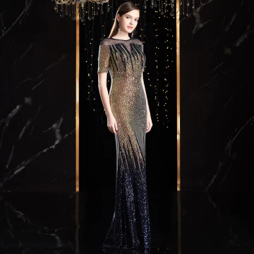Charmant Multi Couleurs Robe De Soirée 2020 Trompette Sirène Encolure Dégagée Fait Main Perlage Cristal Paillettes Manches Courtes Longue Robe De Ceremonie