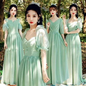 Modest Simple Mint Green Bridesmaid Dresses 2021 A Line Princess V Neck Short Sleeve Backless Floor Length Long Wedding Party Dresses