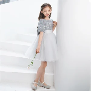 Fashion Grey Sequins Short Birthday Bow Flower Girl Dresses 2021 A Line Princess Scoop Neck Short Sleeve