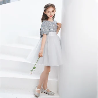 Fashion Grey Sequins Short Birthday Bow Flower Girl Dresses 2021 A Line Princess Scoop Neck Short Sleeve
