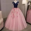 Chic / Belle Rose Bonbon Robe De Bal 2018 Robe Boule Appliques Perlage Cristal V-Cou Dos Nu Sans Manches Longue Robe De Ceremonie
