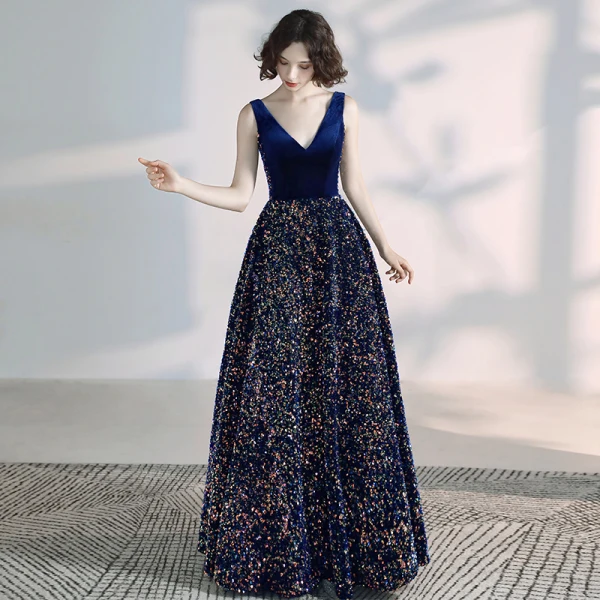 Elegant Royal Blue Prom Dresses 2020 A-Line / Princess Suede V-Neck Sequins  Sleeveless Backless Floor-