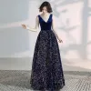 Elegant Royal Blue Prom Dresses 2020 A-Line / Princess Suede V-Neck Sequins Sleeveless Backless Floor-Length / Long Formal Dresses