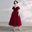 Chic / Beautiful Burgundy Prom Dresses 2019 A-Line / Princess Suede Scoop Neck Short Sleeve Backless Tea-length Formal Dresses