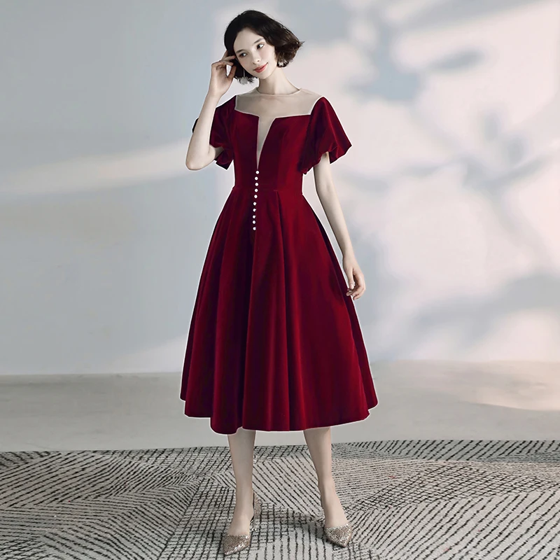 Chic Beautiful Burgundy Homecoming Graduation Dresses 2020 A Line Princess  Scoop Neck Suede Short Sleeve Backless Formal Dresses