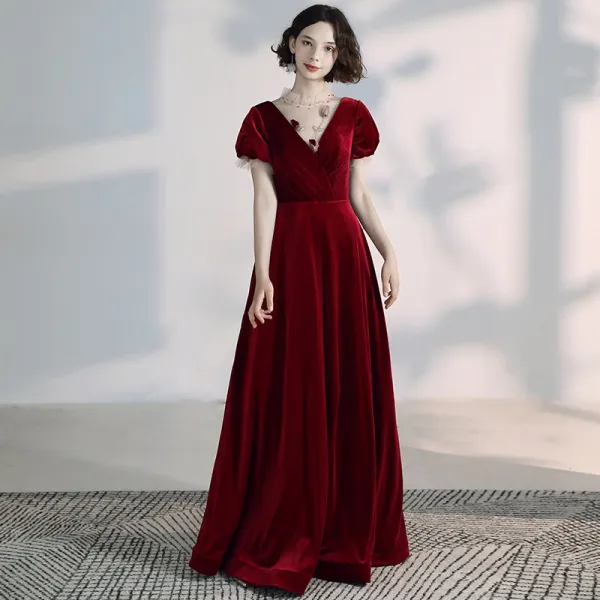 Elegant Burgundy Evening Dresses  2020 A-Line / Princess High Neck Beading Rhinestone Suede Short Sleeve Backless Floor-Length / Long Formal Dresses
