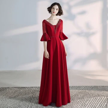 Élégant Bordeaux Robe De Soirée 2020 Princesse V Cou Perlage Cristal Gland Manches De Cloche Dos Nu Longue Robe De Ceremonie