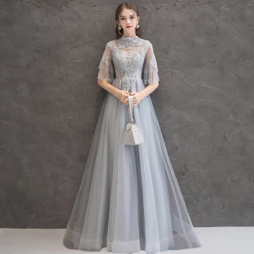 Eleganckie Szary Sukienki Wieczorowe 2019 Princessa Wysokiej Szyi Frezowanie Kryształ Z Koronki Kwiat 1 2 Rękawy Bez Pleców Długie Sukienki Wizytowe