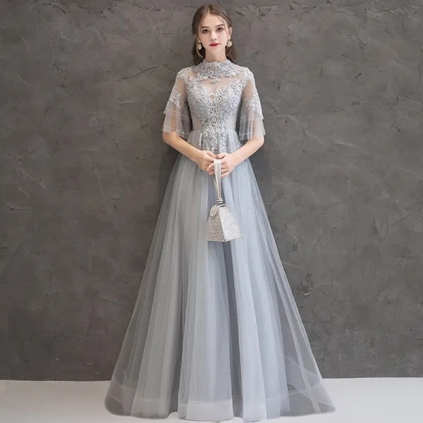 Elegant Grey Evening Dresses  2019 A-Line / Princess High Neck Beading Crystal Lace Flower 1/2 Sleeves Backless Floor-Length / Long Formal Dresses