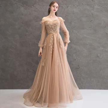 Charming Gold Evening Dresses 2020 A Line Princess Off The Shoulder Beading Appliques Lace Flower Crystal Pearl Long Sleeve Backless Floor Length Long Formal Dresses
