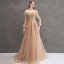 Charming Gold Evening Dresses  2020 A-Line / Princess Off-The-Shoulder Beading Appliques Lace Flower Crystal Pearl Long Sleeve Backless Floor-Length / Long Formal Dresses